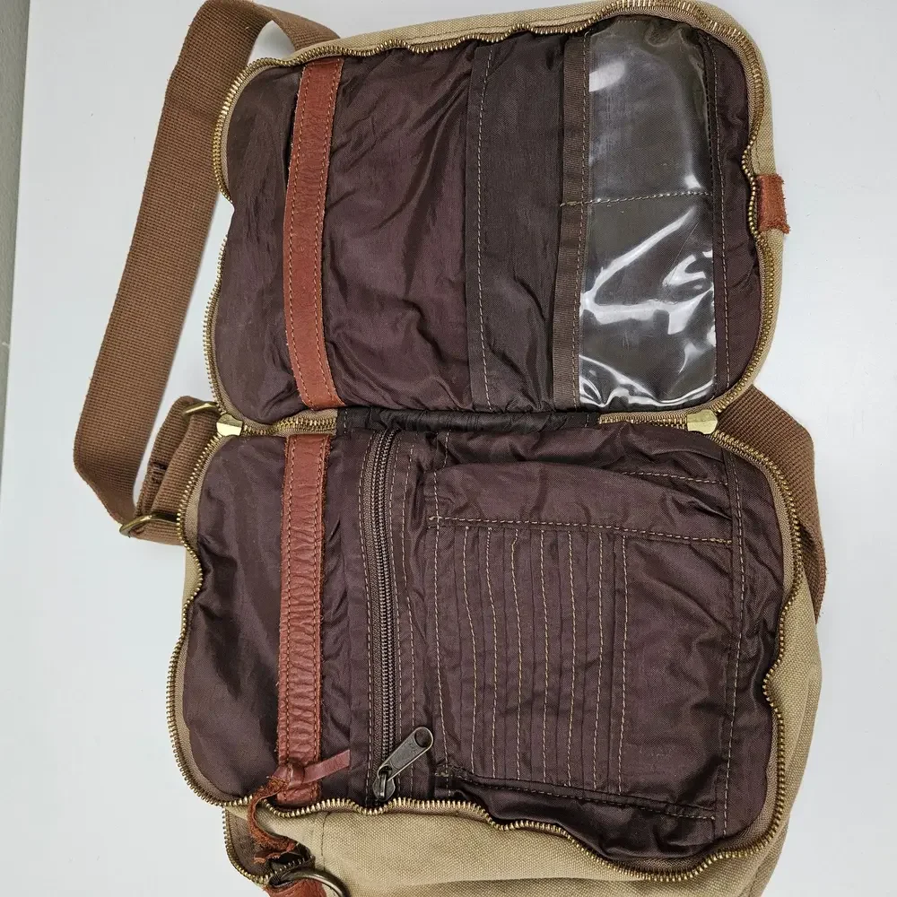Canvas & Leather Travel‎ Bag Tote Bag Tan Brown Zip Around Adjustable Crossbody